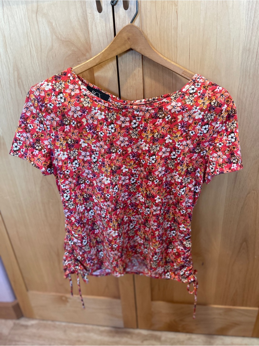 BCX Red Floral Short Sleeve Tee with Side Ties